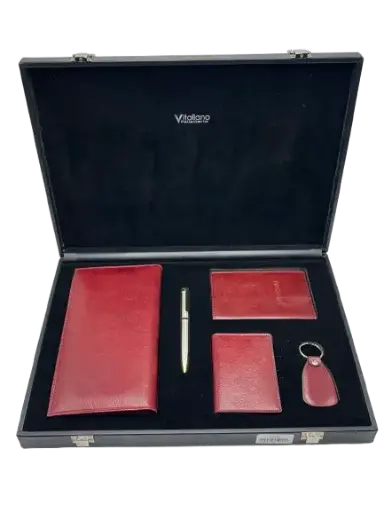 [GM0623B] Coffret Lux De 5pcs Compagnon de Voyage Stylo Porte Clé Porte Passeport Porte Cartes Crédit Bordeaux